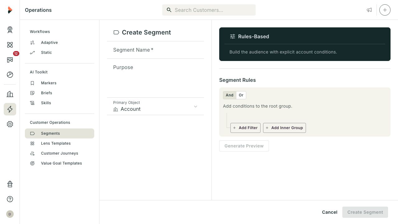 Create Segment page showing segment details and rule builder