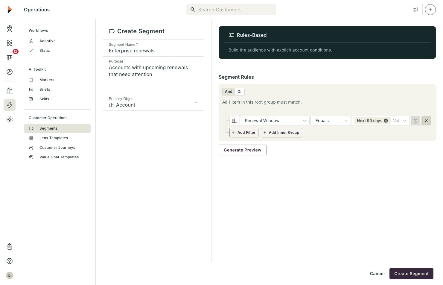 Segment rule builder showing Renewal Window equals Next 90 days