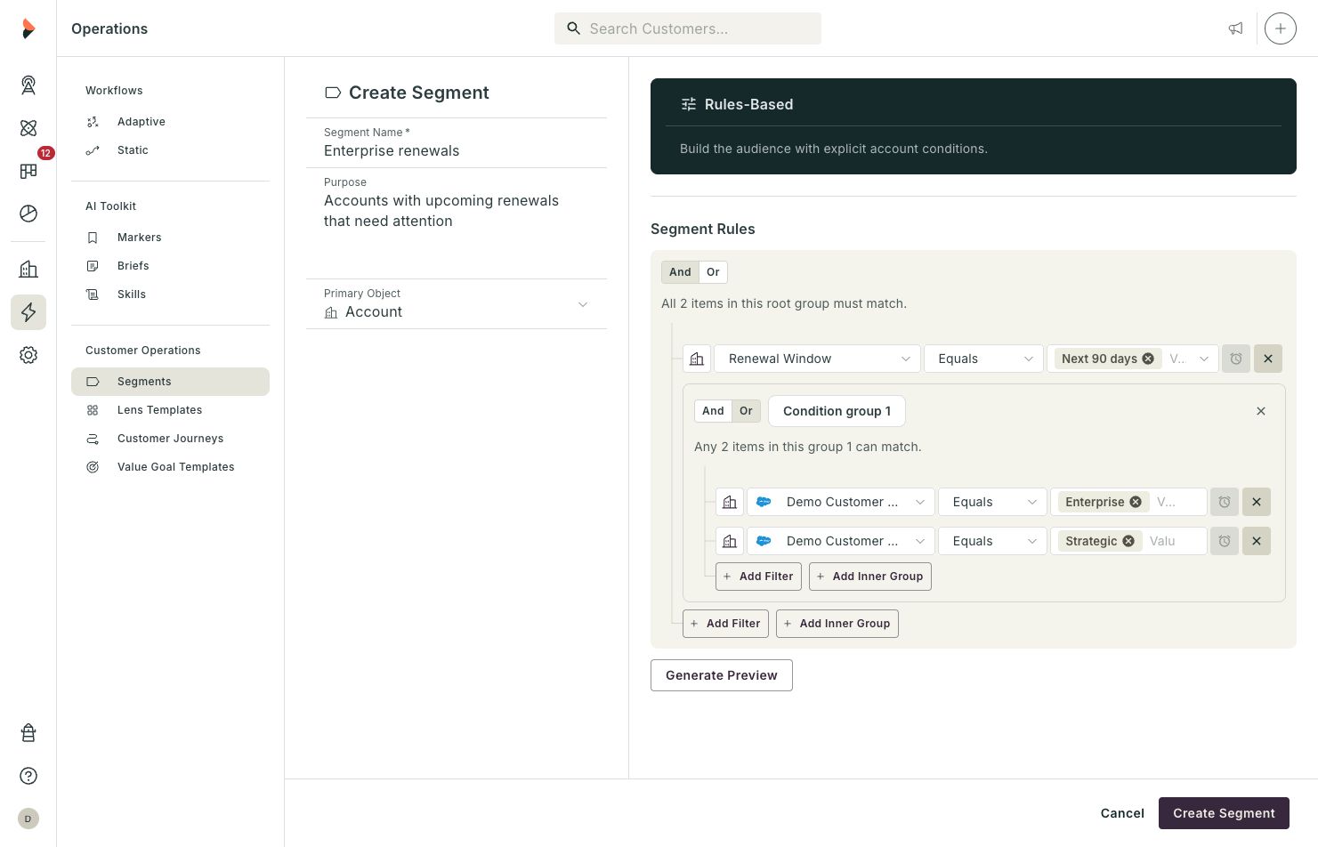 Segment rule builder showing And and Or condition groups