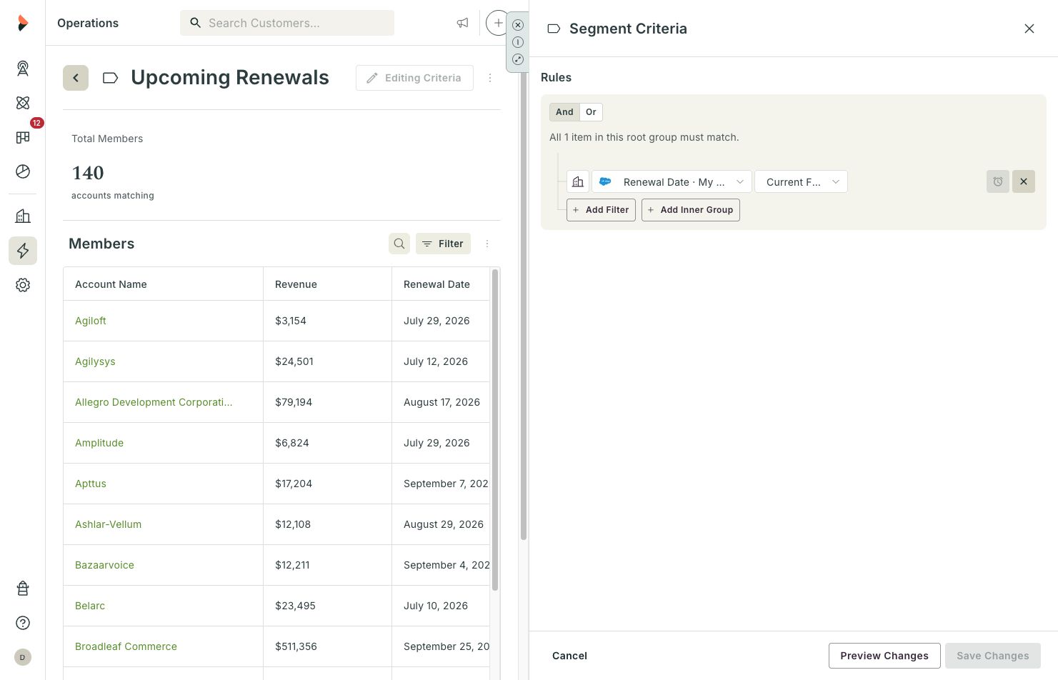 Segment Criteria panel with an existing renewal date rule and preview controls