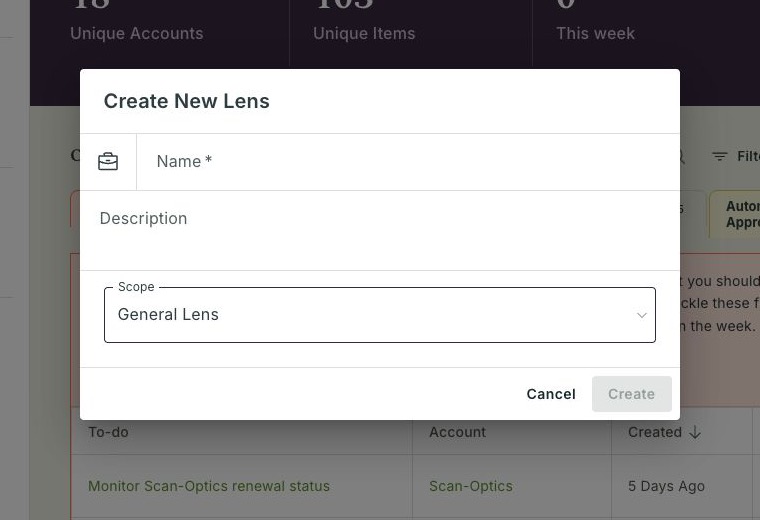 Create New Lens dialog with General Lens selected