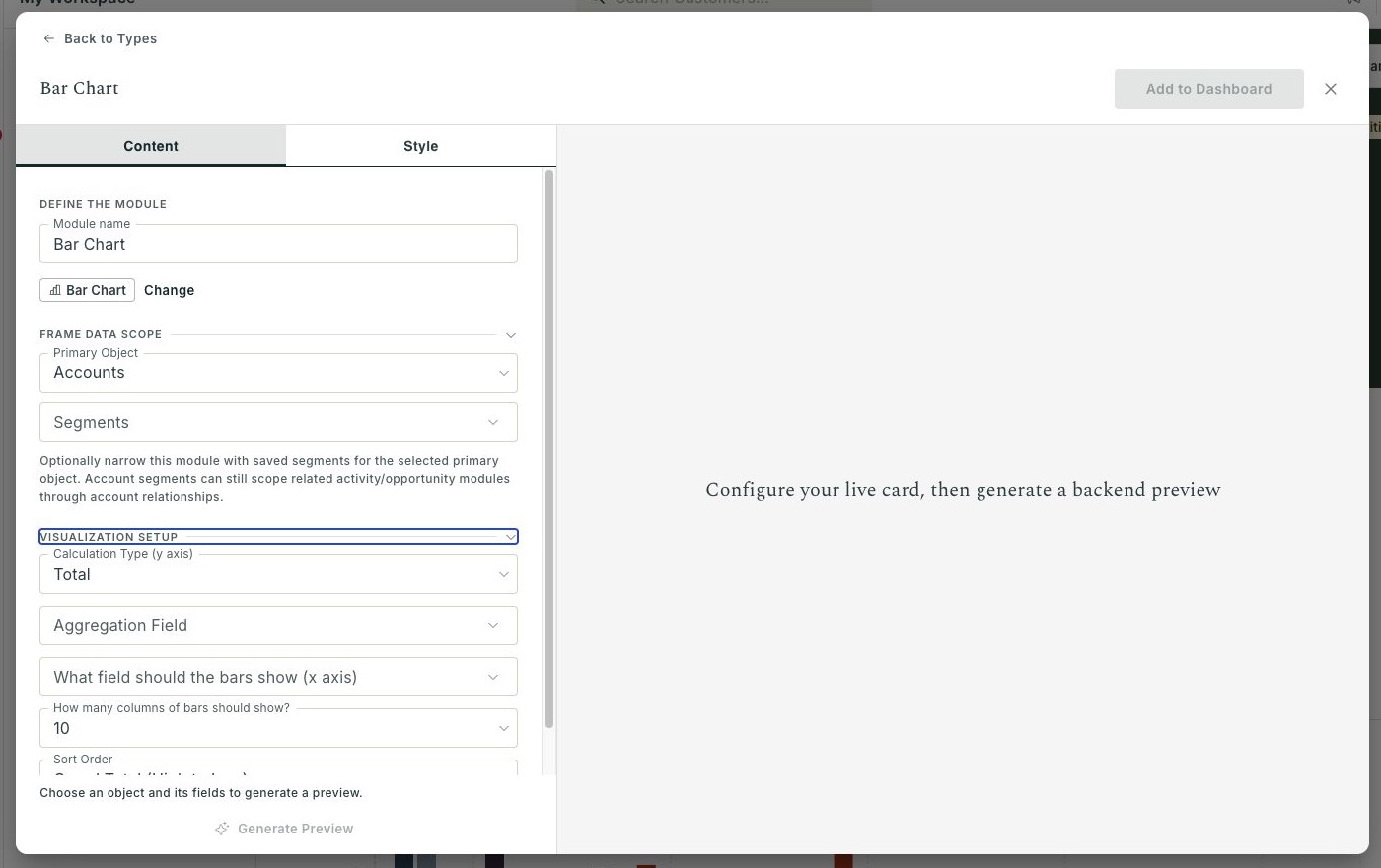 Content tab for a Bar Chart Frame with data scope and visualization setup