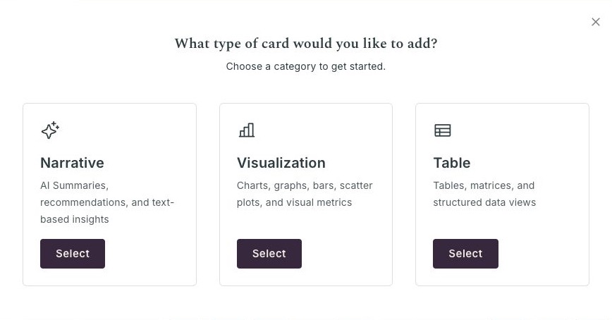 Narrative, Visualization, and Table Frame categories
