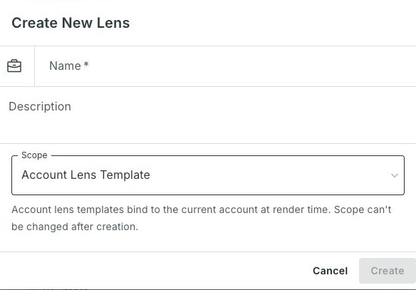 Create New Lens dialog with Account Lens Template selected
