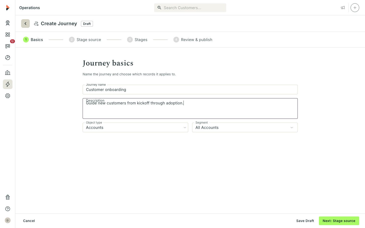 Journey Basics with a name, description, object type, and Segment selected