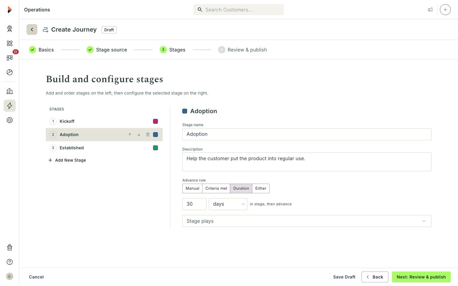 The Duration advance rule and Stage plays control for the Adoption stage