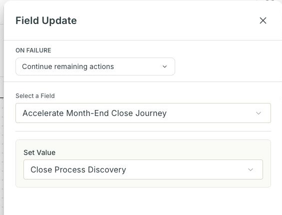A Workflow Field Update selecting a Journey and its first stage