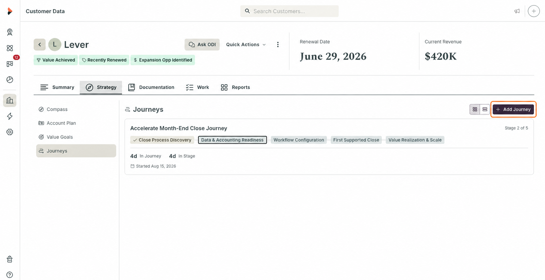 Lever Account Profile with the Add Journey button highlighted in Forte