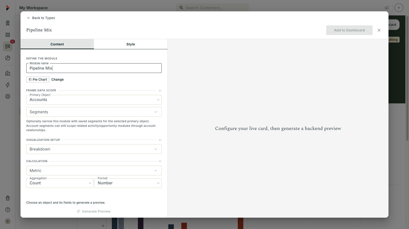 Pie Chart Content settings with breakdown and calculation controls