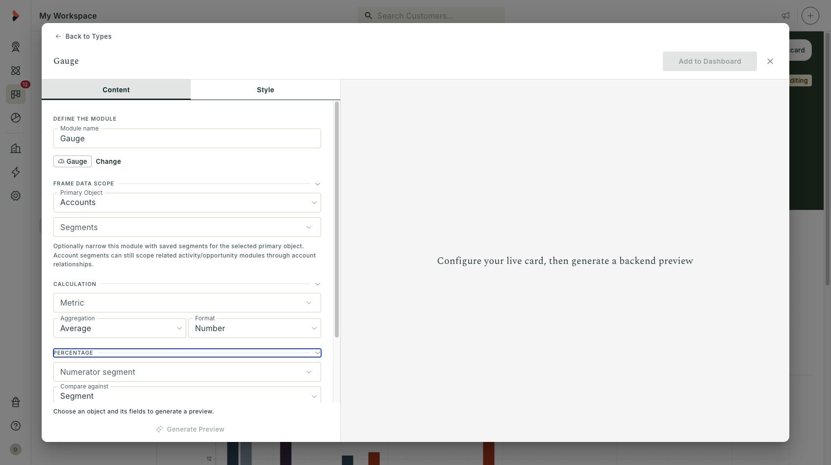 Gauge Content settings with calculation and percentage controls